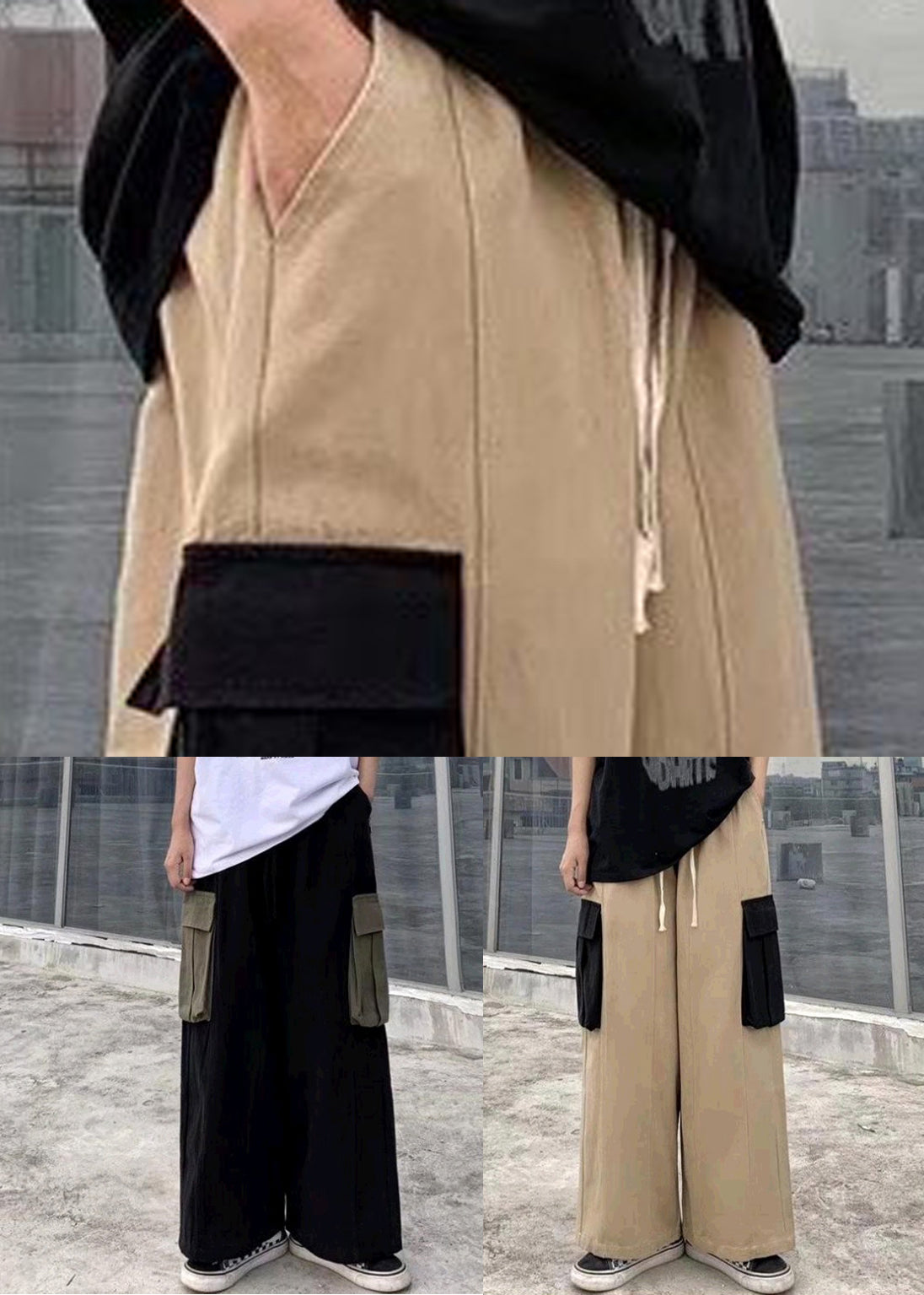 Pants Black Cotton Casual Summer Patchwork Leg Men Pockets Wide