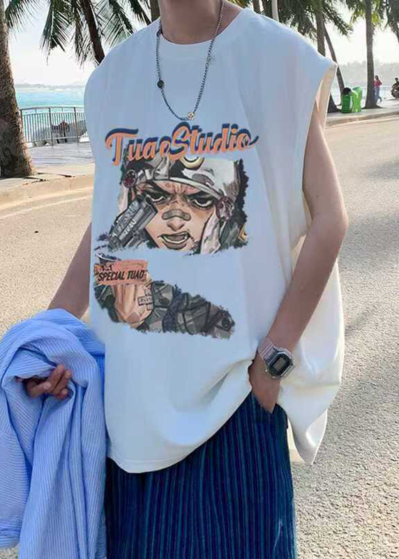 Summer Oversized Tanks Cotton Mens Black Print Casual