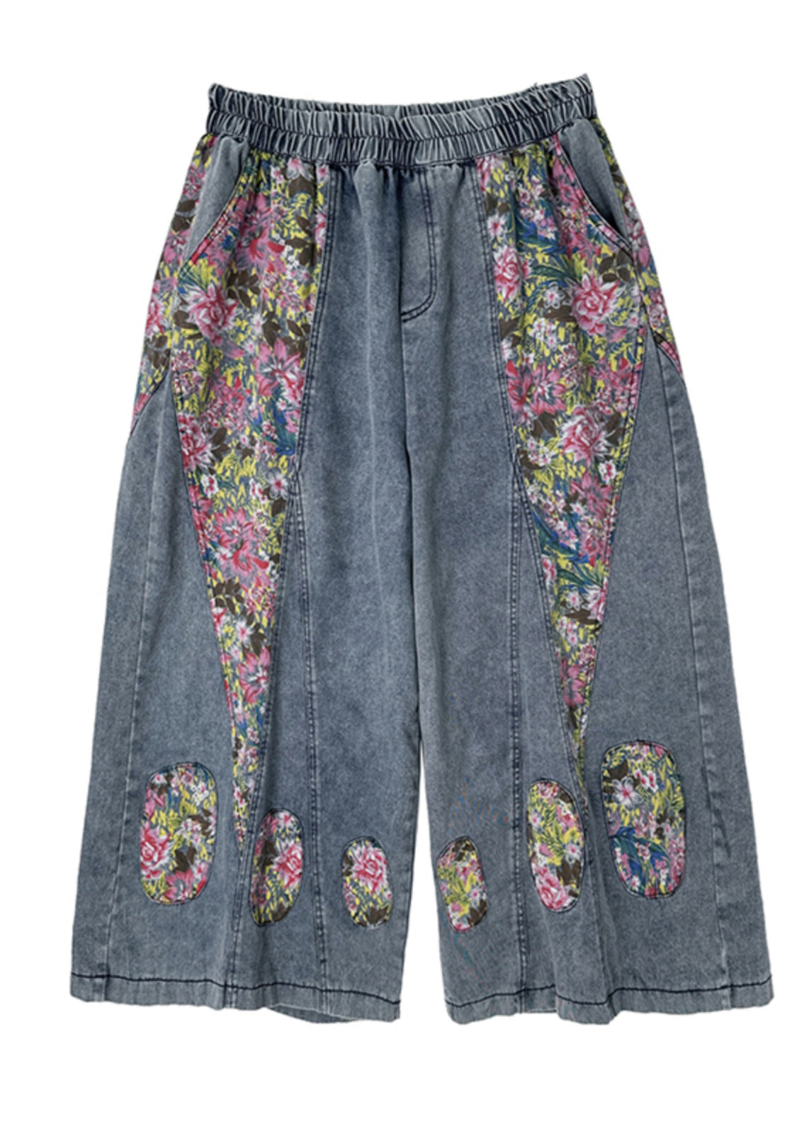 Pockets Summer Blue Elastic Crop Casual Jeans Waist Patchwork