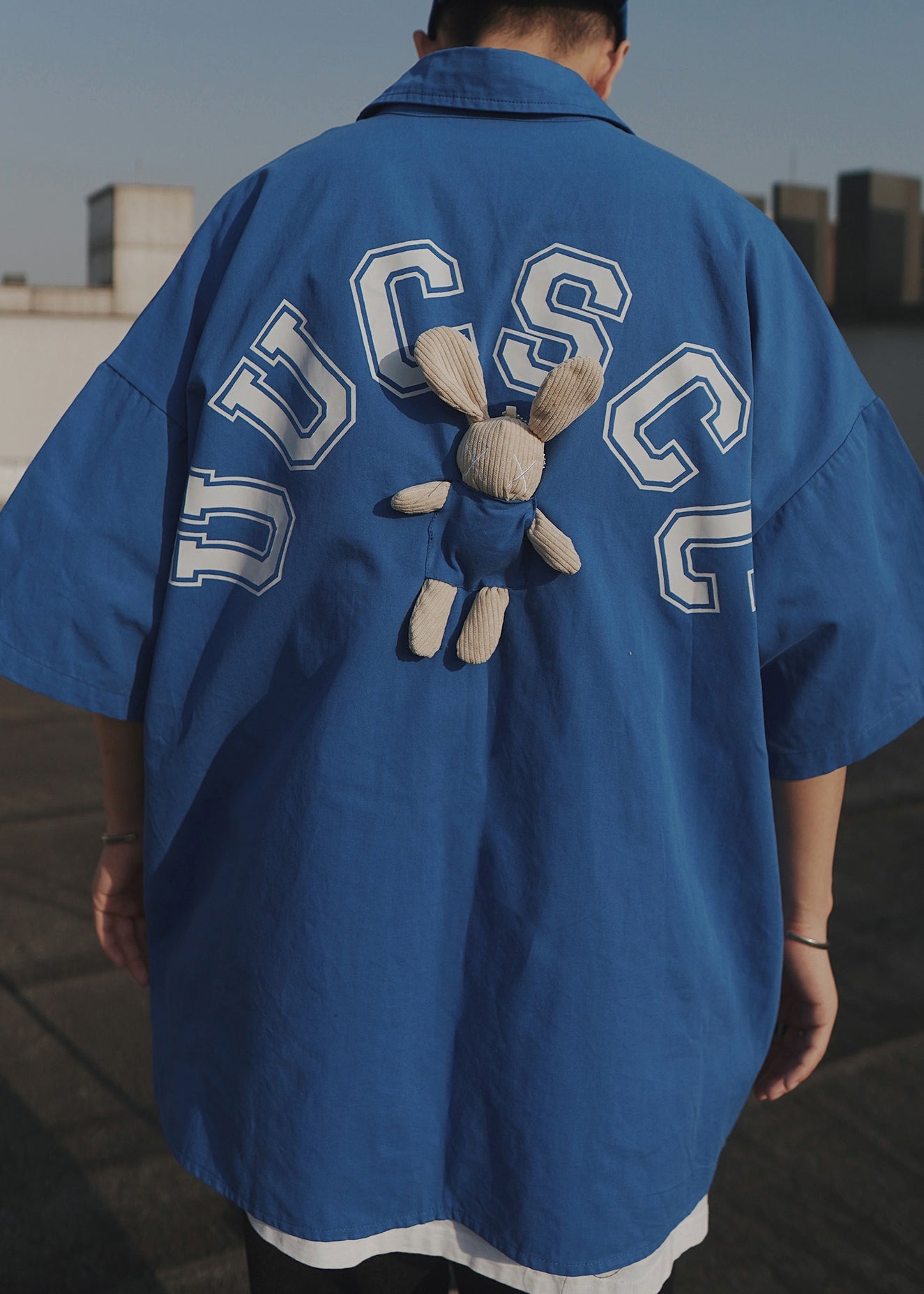 Casual Letter Oversized Men Shirts T Half Blue Cotton Patchwork