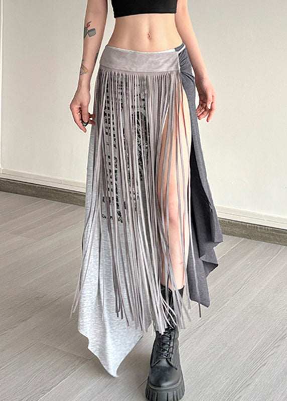 Casual Wrinkled Asymmetrical Tassel Maxi Graphic Skirts Grey
