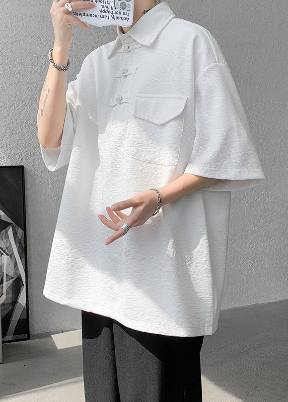 Grey Casual Half Cotton Pockets Button Oversized Polo Shirt Men