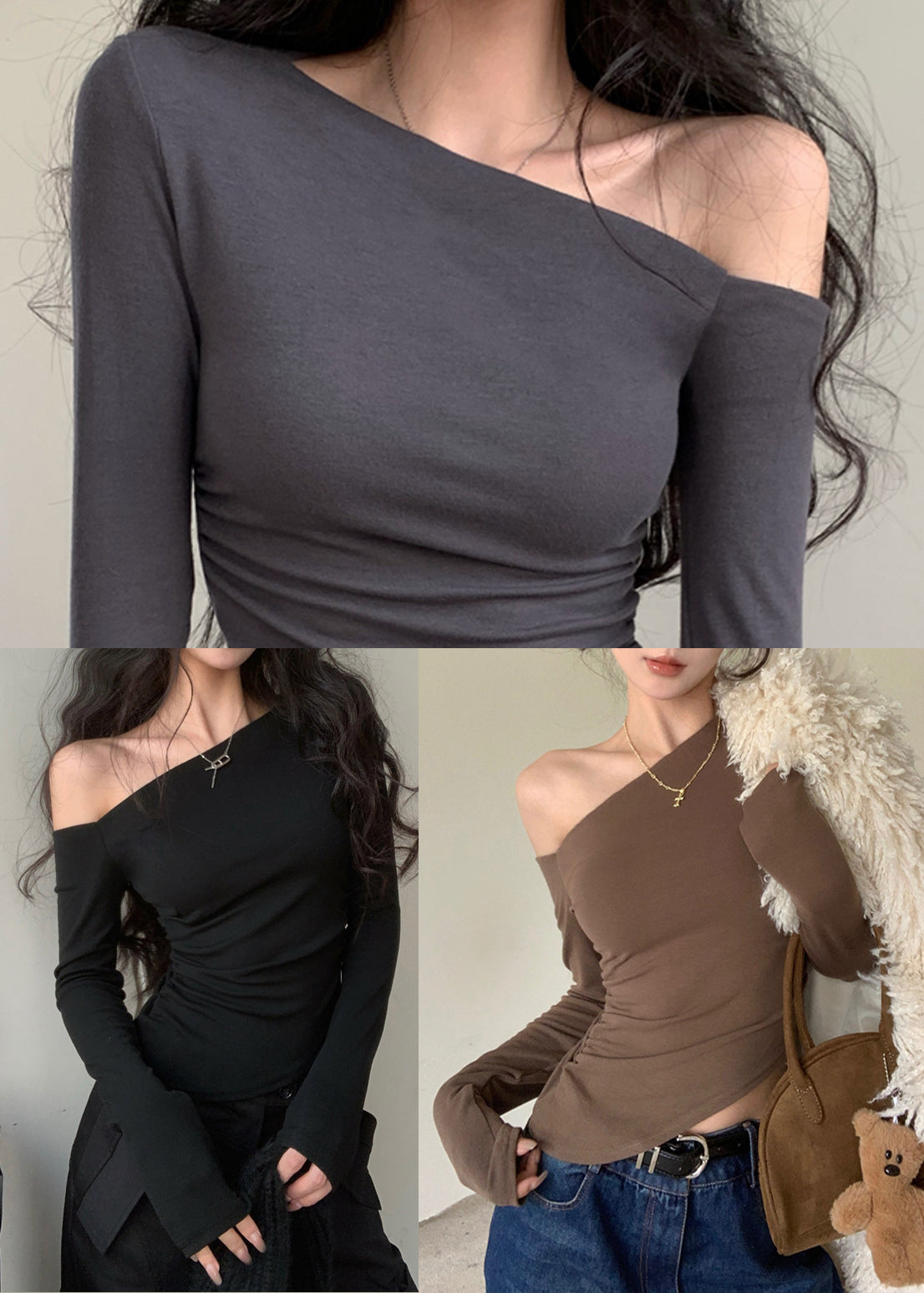 Cotton Grey Casual Fall Cold Shoulder Top