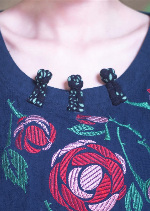 Casual Navy O-Neck Print Patchwork Side Open Robe Dresses Short Sleeve GH1066