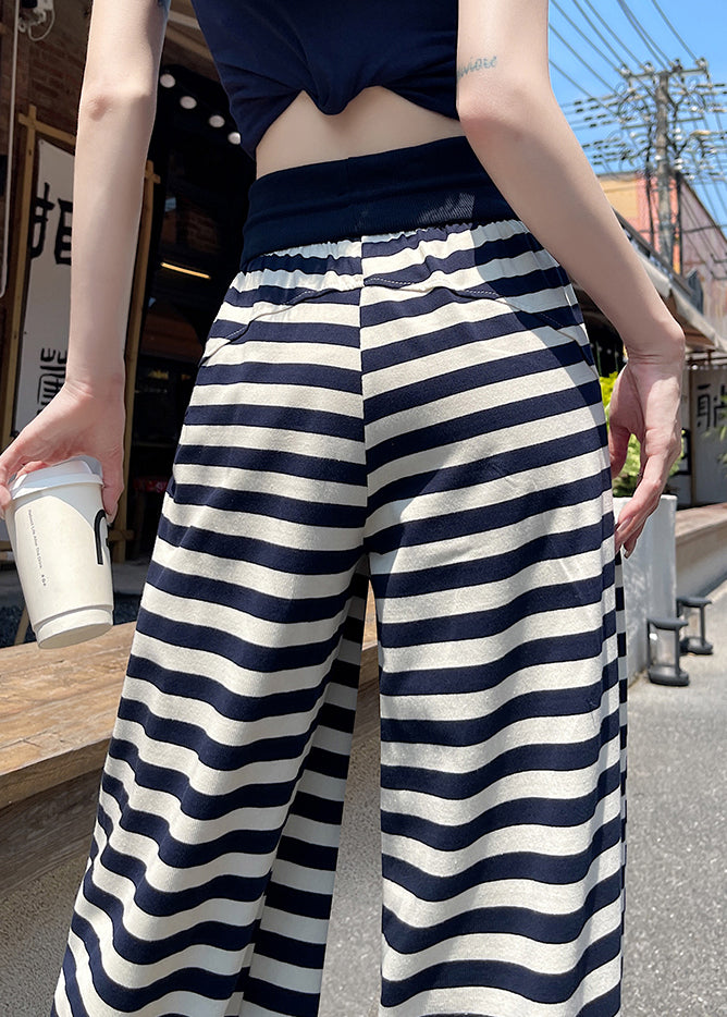 Striped Navy Cotton Elastic Pants Leg Waist Fall Casual Wide
