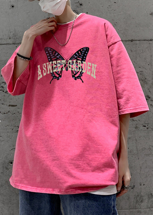 Half T Butterfly Casual Men Cotton Print Shirt Pink Oversized