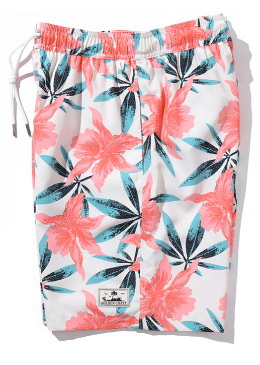 Waist Elastic Print Casual Summer Pockets Cotton Shorts Mens Pink