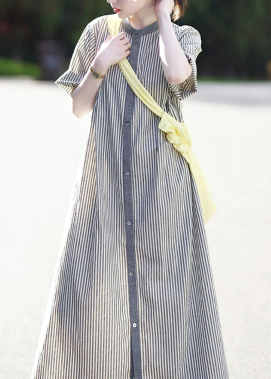 Stand Collar Button Cotton Shirts Striped Casual Dress Summer