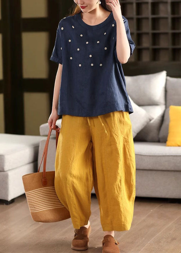 Linen Casual O-Neck Embroideried Tops Summer White