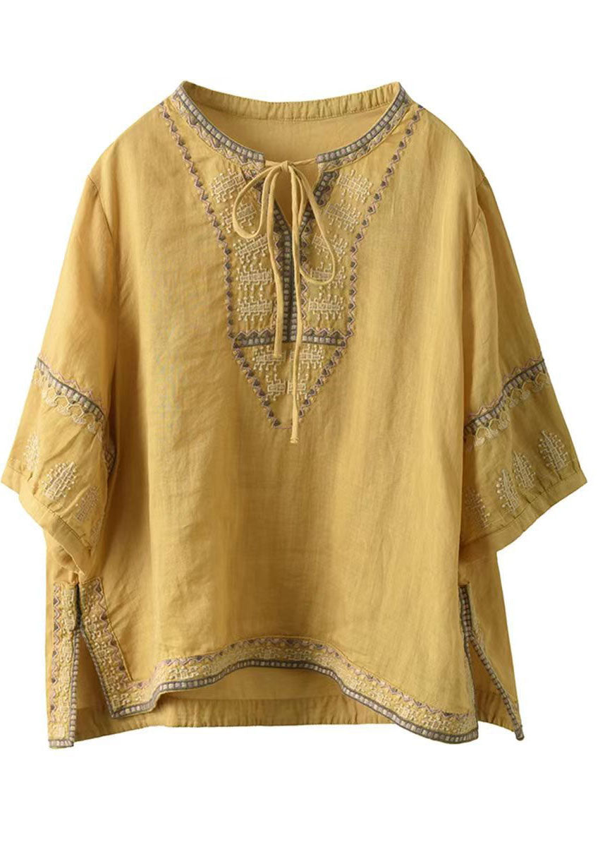 Tie Neck Casual Embroidered Sleeve Half Linen Blouses Yellow