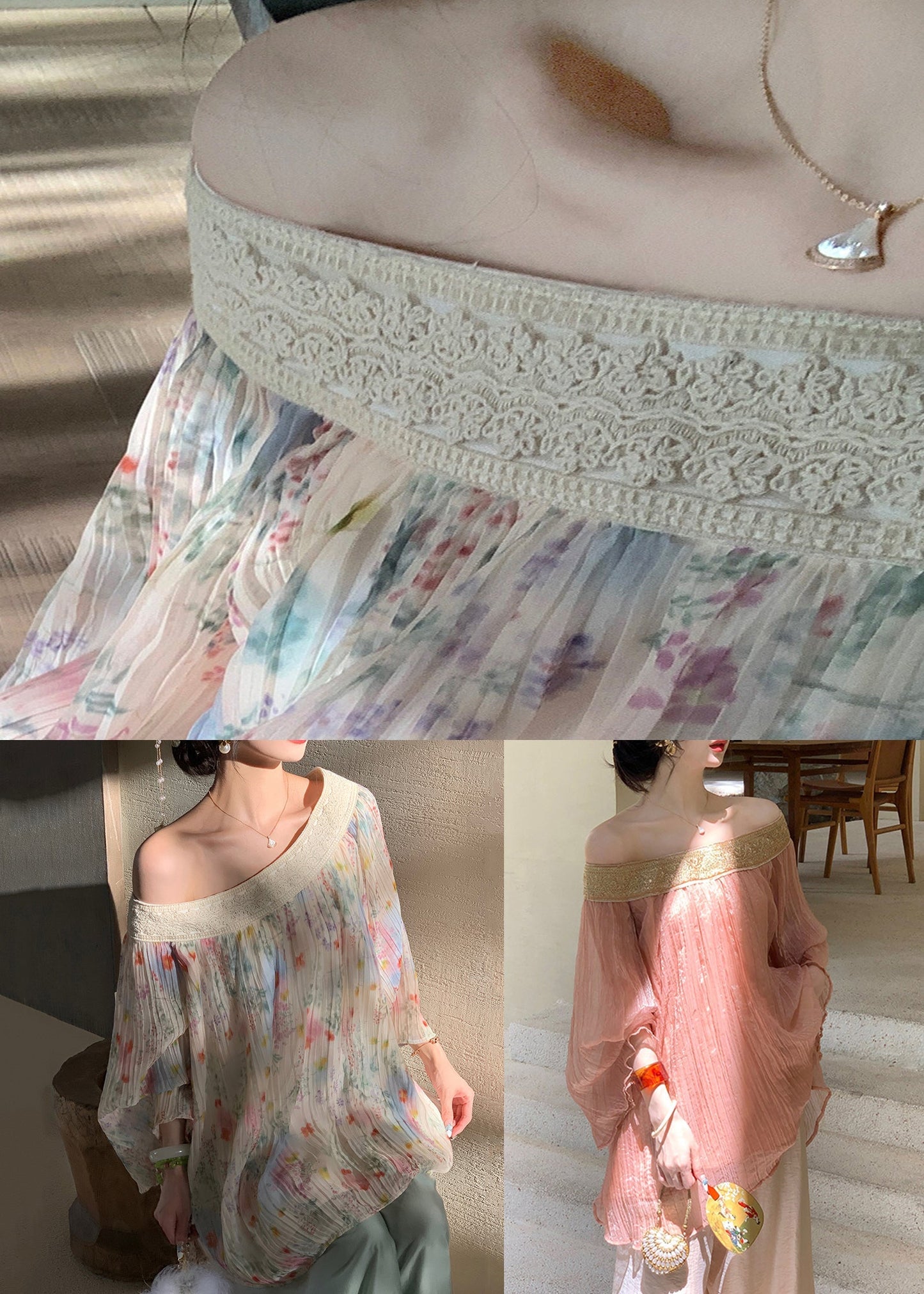 Chiffon Chic Print Beige Fall Wrinkled Embroidered Shirt