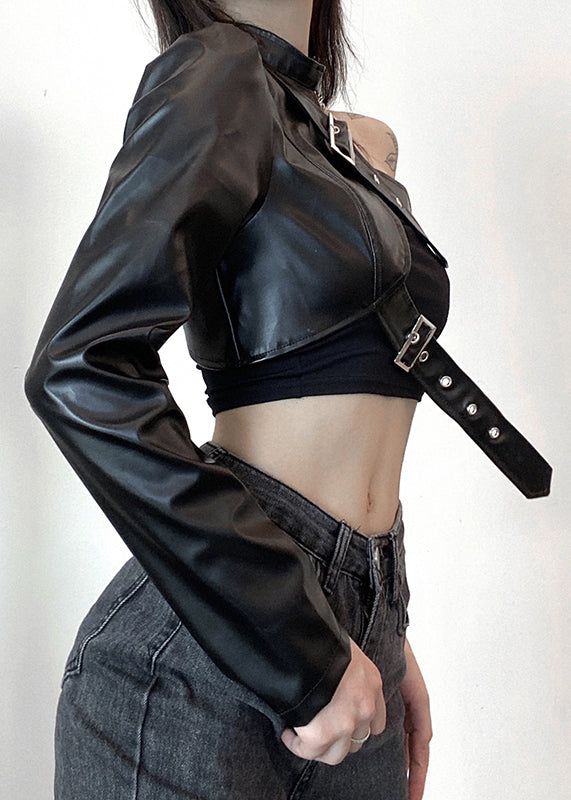 Faux Design Black Spring Leather Chic Coats Original Asymmetrical