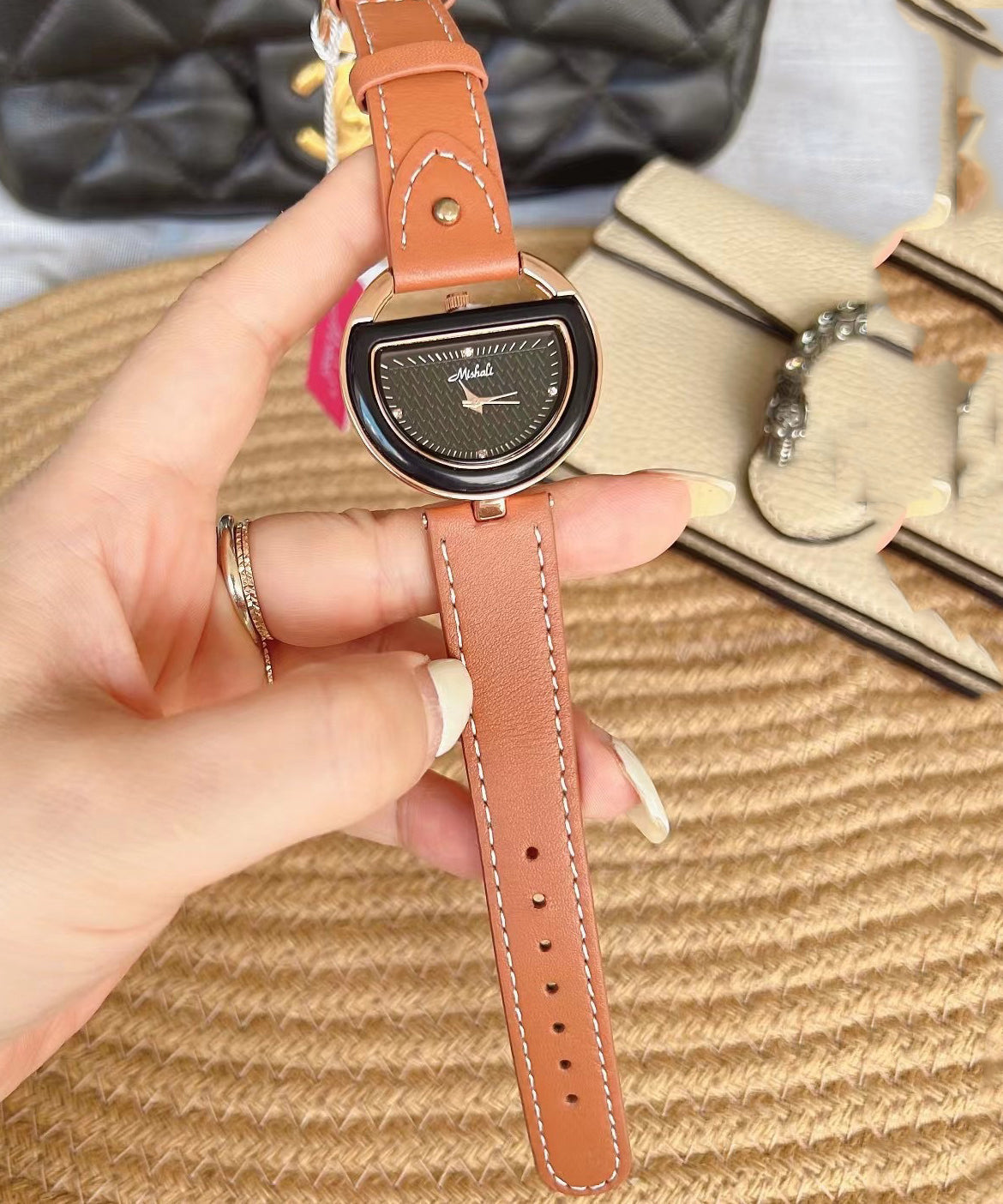Leather Brown Alloy Chic Crystal Semicircle Watches Hardlex