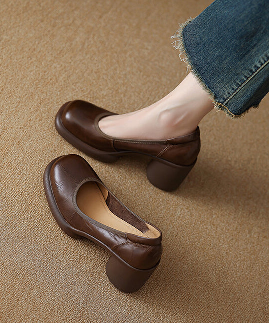 Chic Comfy Brown Cowhide Leather Embossed Loafer Shoes YC005