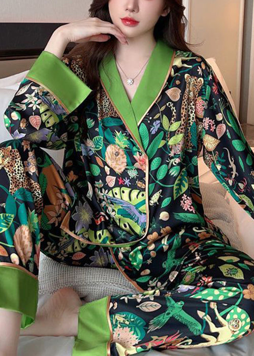 Chic Green Peter Pan Collar Print Ice Silk Pajamas Two-Piece Set Spring YK010