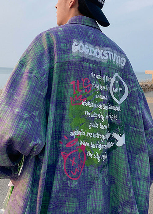 Spring Dye Shirts Tie Green Cotton Chic Oversized Men's Plaid