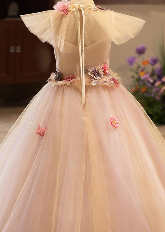 Chic Pink Patchwork Floral Tulle Kids Vacation Maxi Dresses Summer YG019