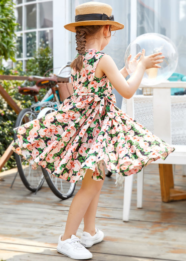 Chic Pink Print Bow Cotton Girls Dress Sleeveless TT014