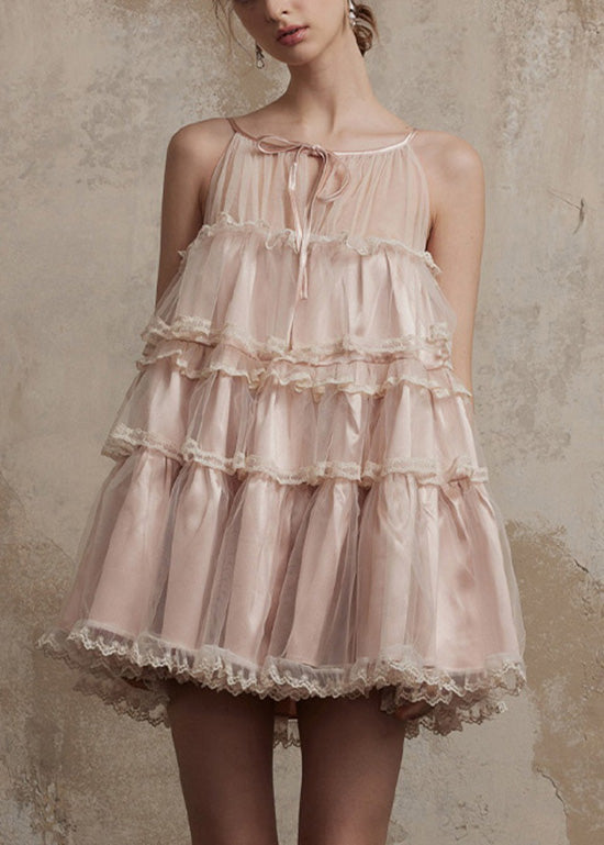 Ruffled Patchwork Tulle Pink Chic Summer Dresses Mini
