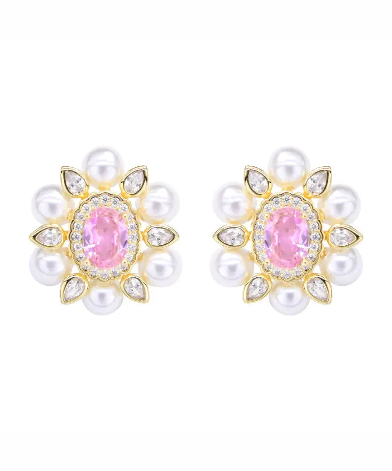 Chic Pink Sterling Silver Crystal Pearl Zircon Stud Earrings Ada Fashion