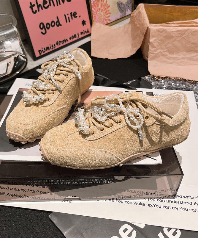 Flats Suede Purple Zircon Chic Lace Up Pearl Splicing