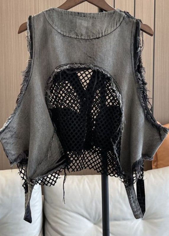 V Denim Vest Neck Pockets Patchwork Chic Mesh Breathable