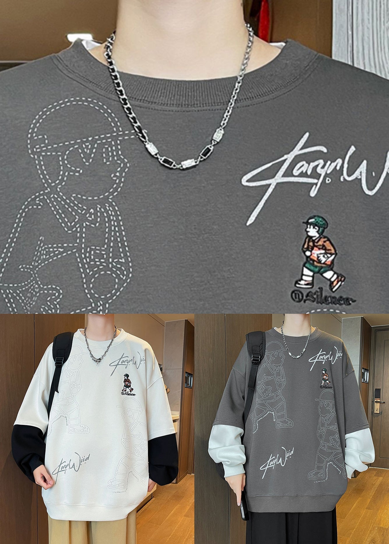 Print Mens Chic Spring Cotton Neck Sweatshirts Patchwork White O