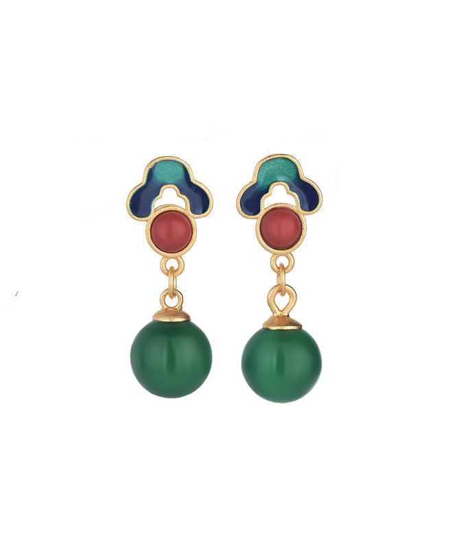 Style Gold Earrings Green Chalcedony Ancient Chinese Drop