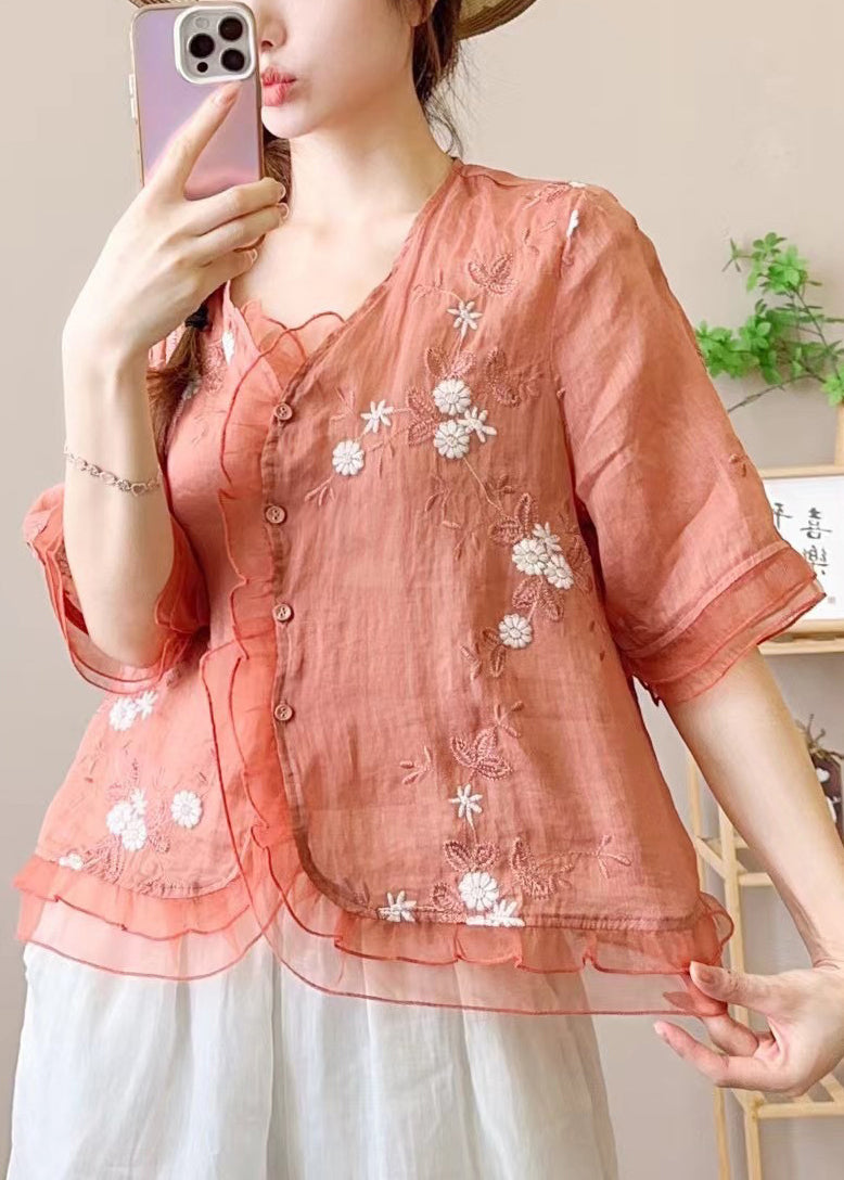 Ruffled Embroidered Style Orange Linen Blouses Chinese Half