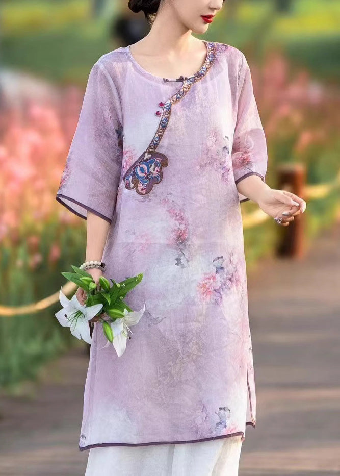 Embroidered Style Dress Pink Summer Linen Side Chinese Open
