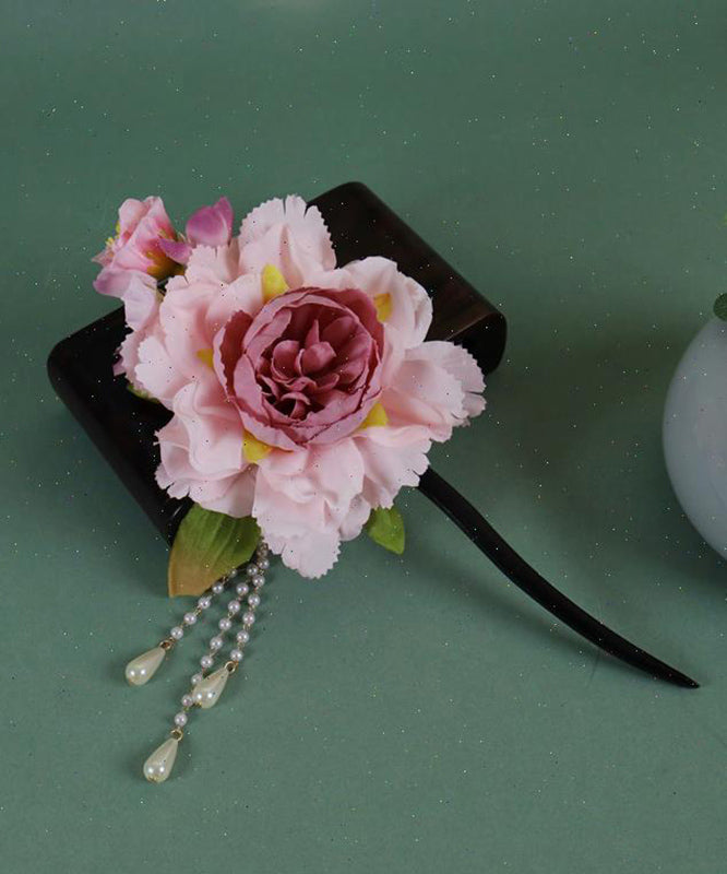 Chinese Pink Wooden Style Hairpin Peony Tassel Pearl
