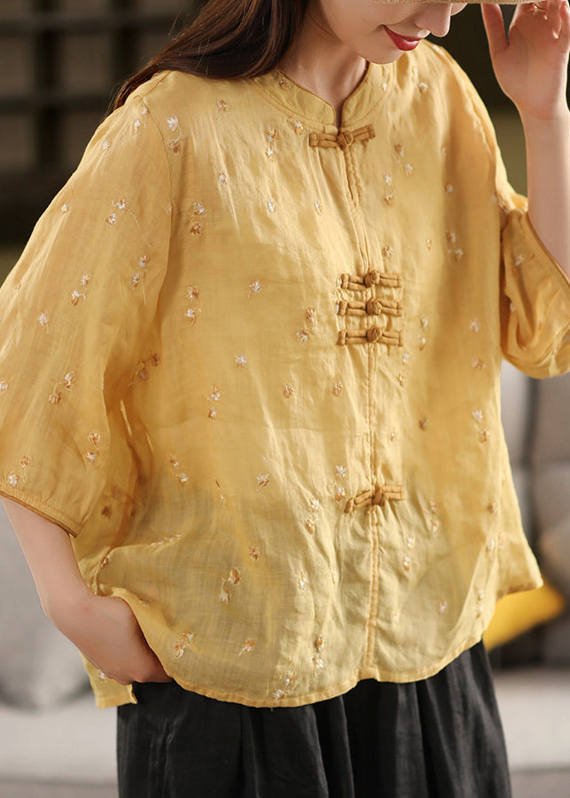 Style Purple Embroidered Linen Button Summer Oriental Top Chinese