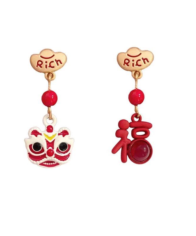Chinese Style Red Sterling Silver Alloy Asymmetric Lion Graphic Drop Earrings YD026