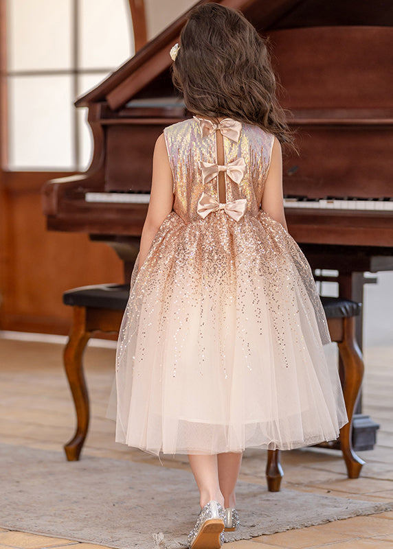 Classy Beige O-Neck Wrinkled Tulle Girls Long Dress Sleeveless EW028