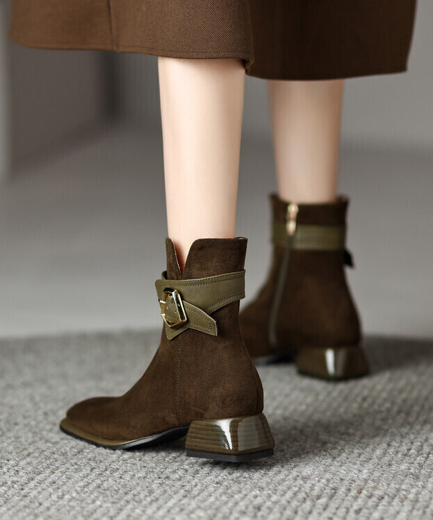 Classy Green Boots Chunky Suede Fitted Splicing Zippered YC012