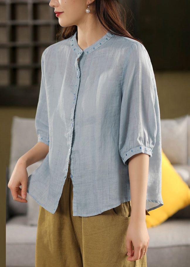 Sleeve Grey Half Embroidered Linen Classy Button Blouses