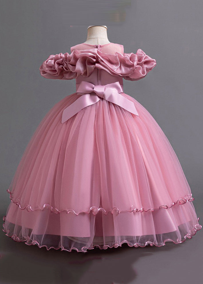 Classy Pink Embroideried Bow Tunic Tulle Girls Long Dress Short Sleeve YG018