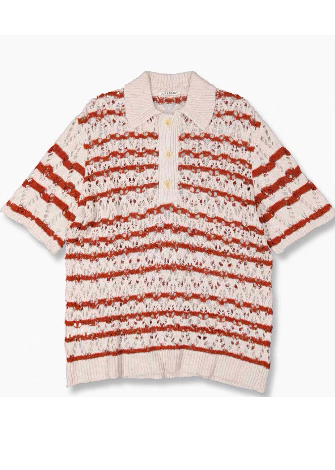 Classy Hollow Out Summer Red Knit Polo Mens Shirts Striped