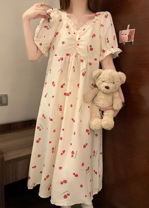 Classy Strawberry Print Ruffled Cotton Pajamas Dresses Butterfly Sleeve YK012