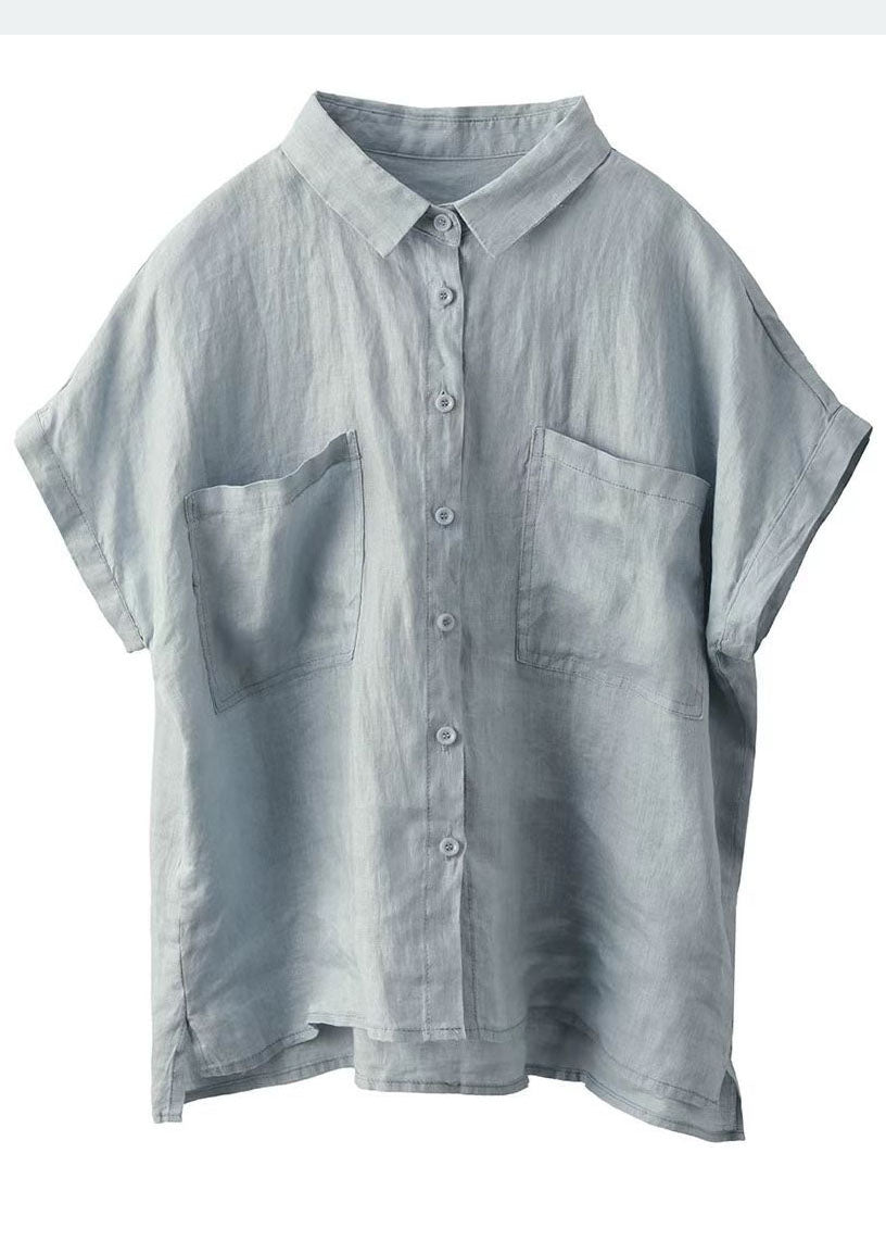 Classy Peter Shirt Linen Summer Collar White Pan Pockets Top