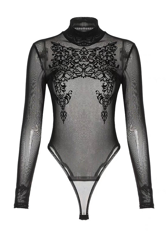 Patchwork Club Black Mesh Bodysuit Sheer