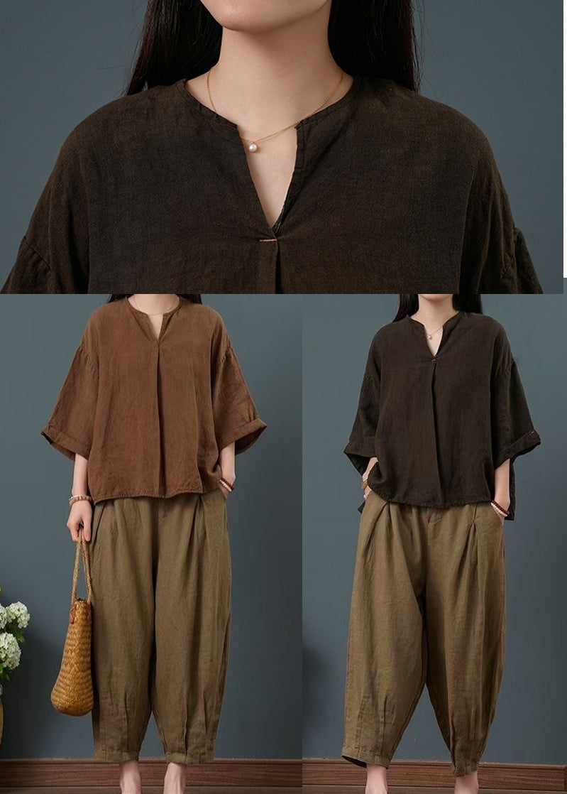 Linen Two Piece Bracelet Sleeve Suit Coffee Oversized Set