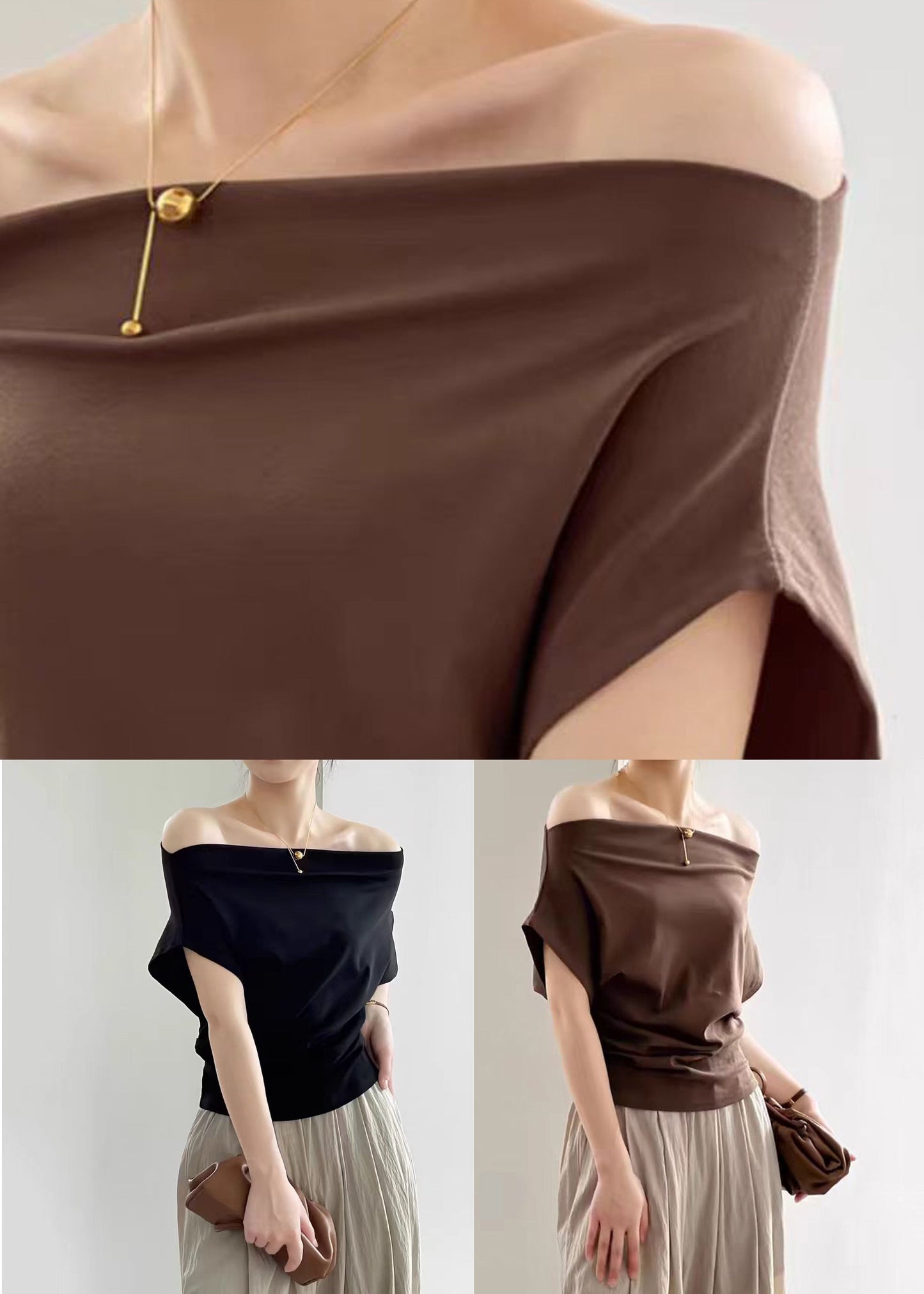 Coffee Solid Cold T Shirts Summer Shoulder Cotton