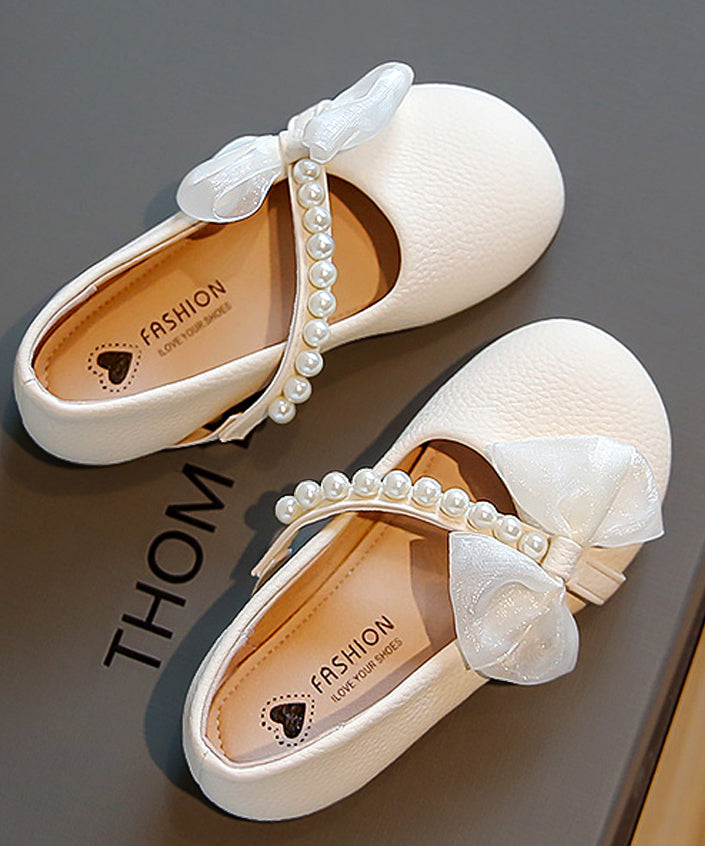 Comfy Beige Kids Leather Buckle Flats Nail Bead Girls Bow Faux