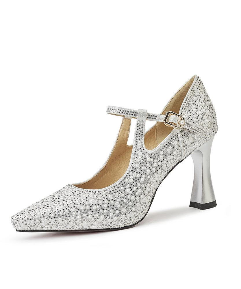 Pointed Silver Leather Toe Splicing Cowhide High Heels Comfy