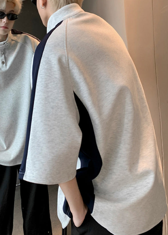 Graphic Stand Cool Summer Mens Grey Tees Collar Patchwork Cotton