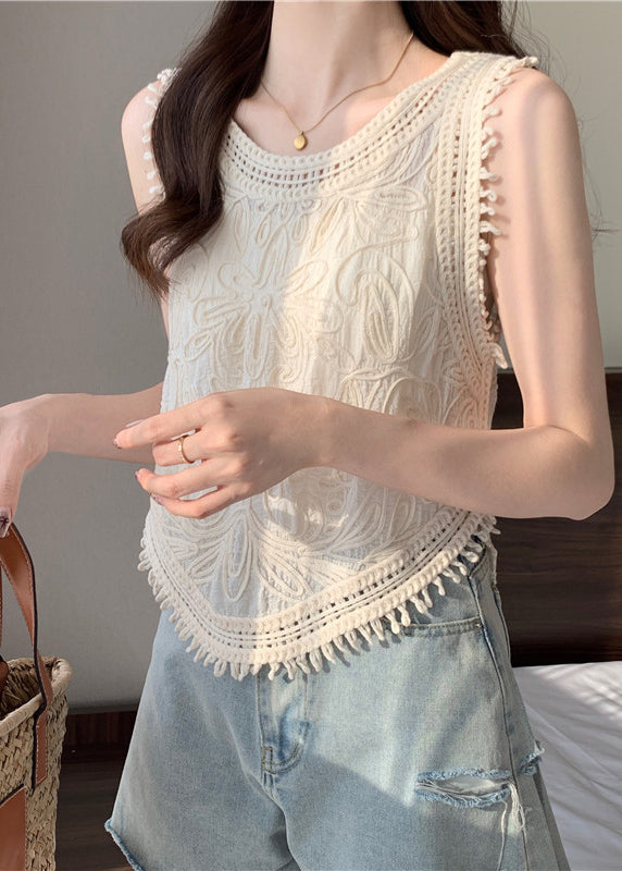 O-Neck Tassel Apricot Vest Lace Sleeveless Cute