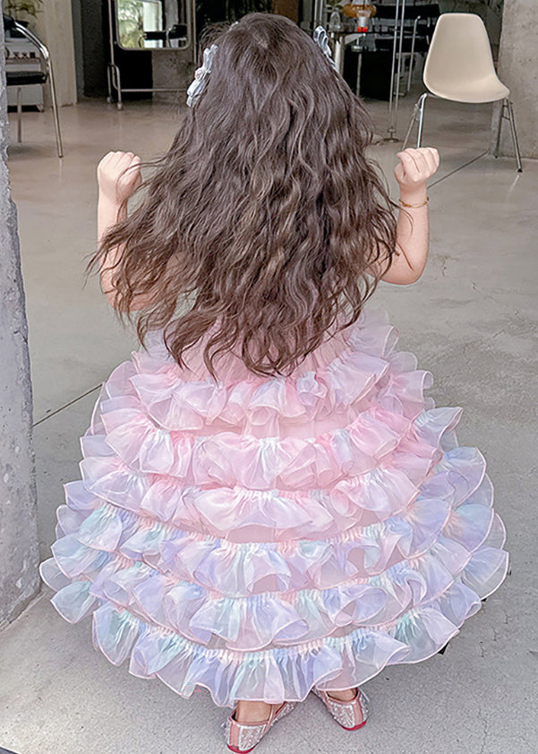 Cute Gradient Color Ruffled Tulle Girls Spaghetti Strap Dress Sleeveless TT044