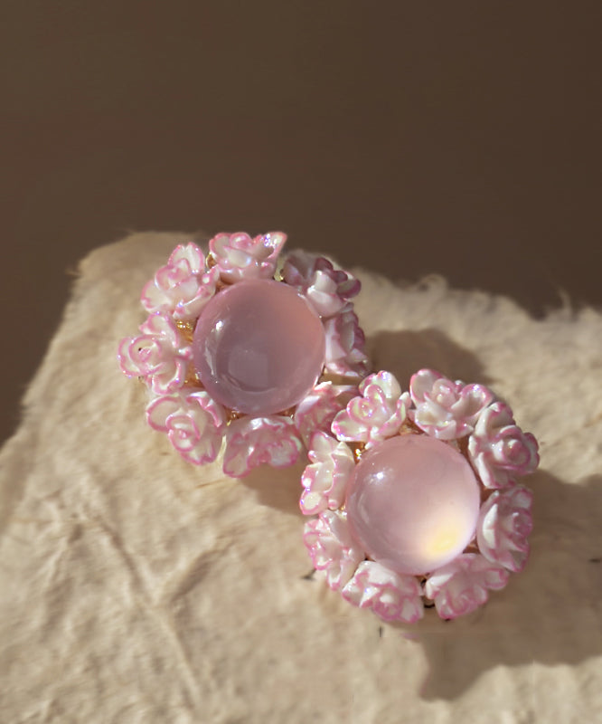 Cute Pink Copper Alloy Resin Floral Cat Eye Stone Stud Earrings YA035