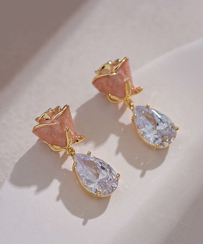 Rose Pink Gem Zircon Cute Copper Stone Water Earrings Drop